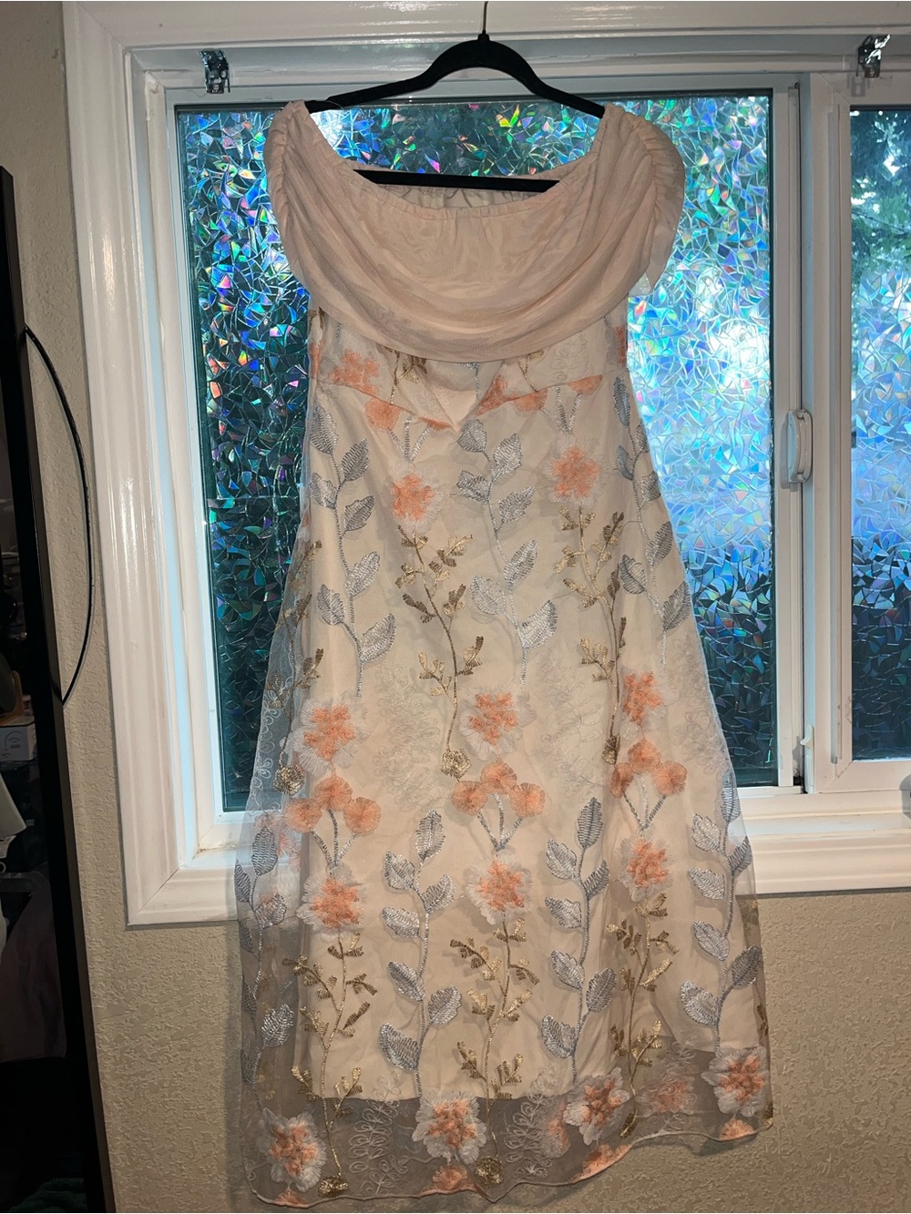 Strapless Floral Embroidered Midi Dress in Ivory and Peach